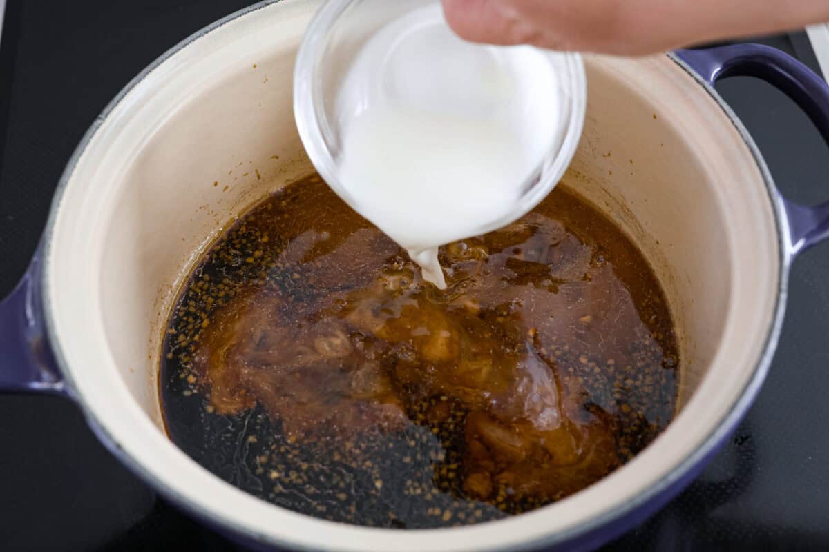 Cornstarch slurry added to the sauce ingredients. 