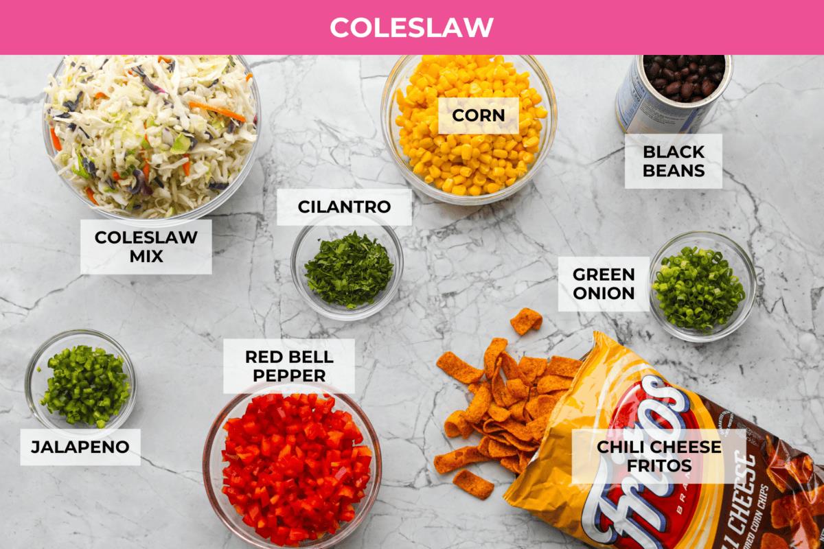 Overhead shot of labeled ingredients. 