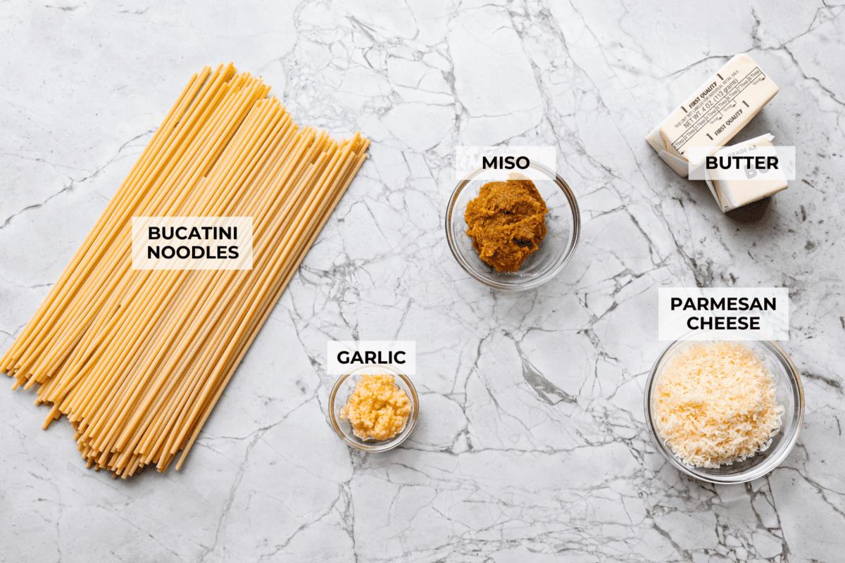 Overhead shot of labeled ingredients.