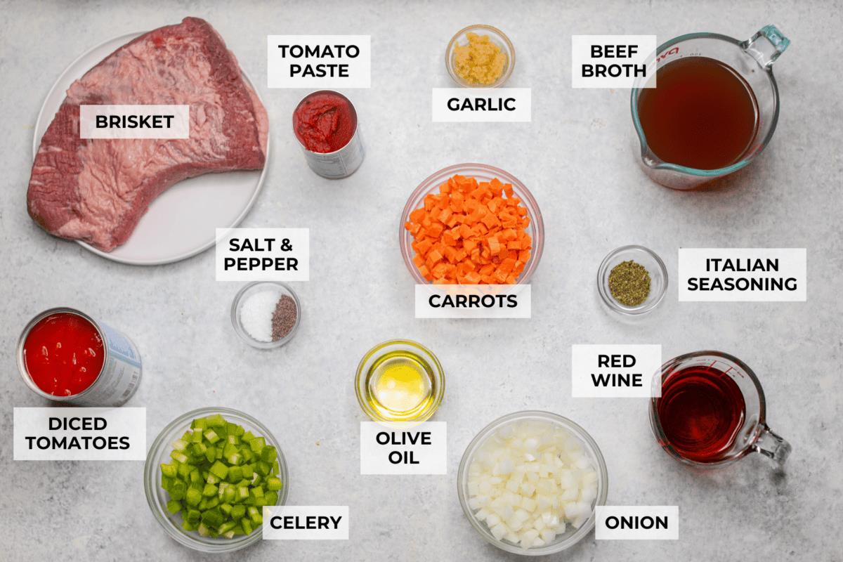 Overhead shot of labeled ingredients.