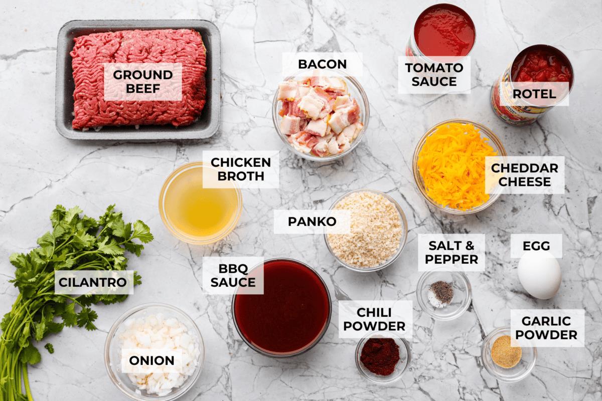 Overhead shot of labeled cowboy meatballs ingredients. 