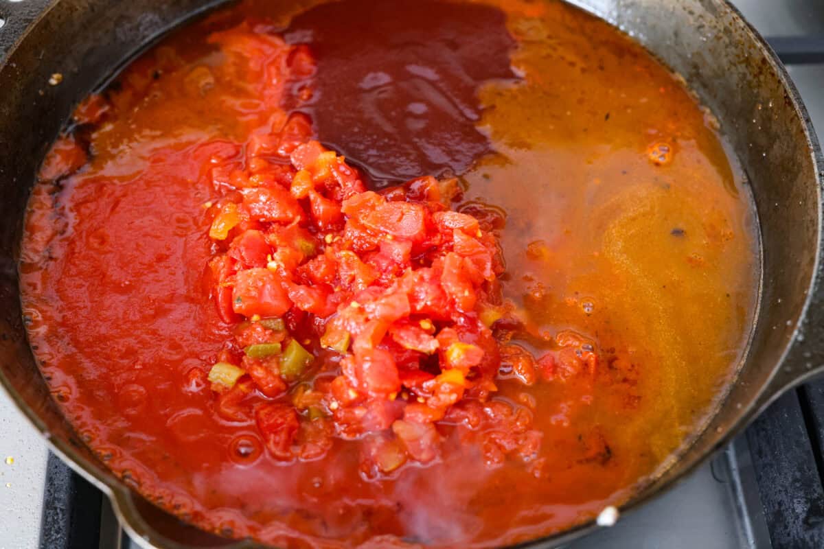 Sauce ingredients combined in the skillet. 