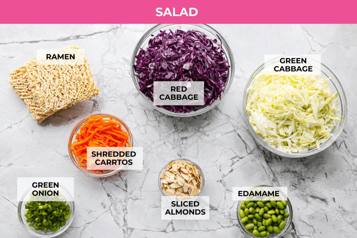 Overhead shot of labeled Asian ramen salad ingredients. 