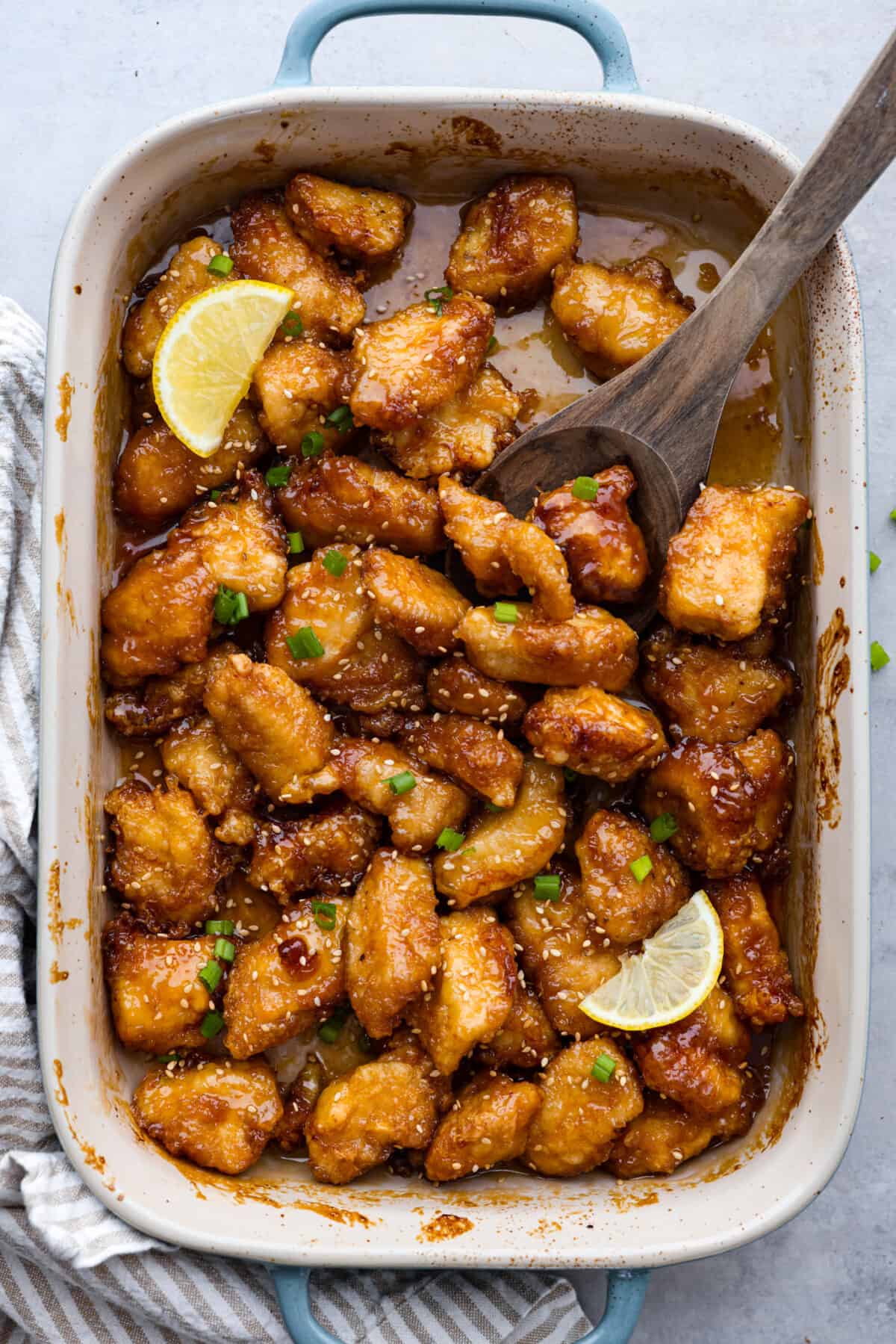 Overhead shot of the Chinese lemon chicken all cooked and ready to eat.