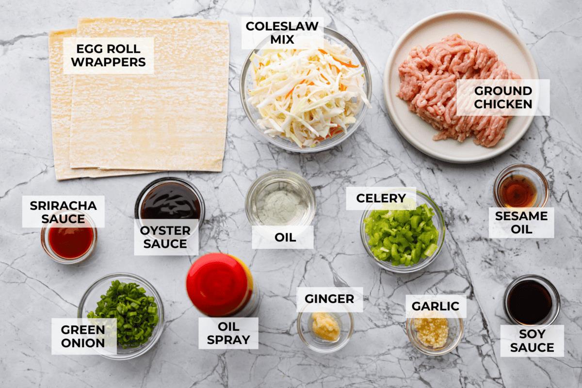 Overhead shot of labeled ingredients. 