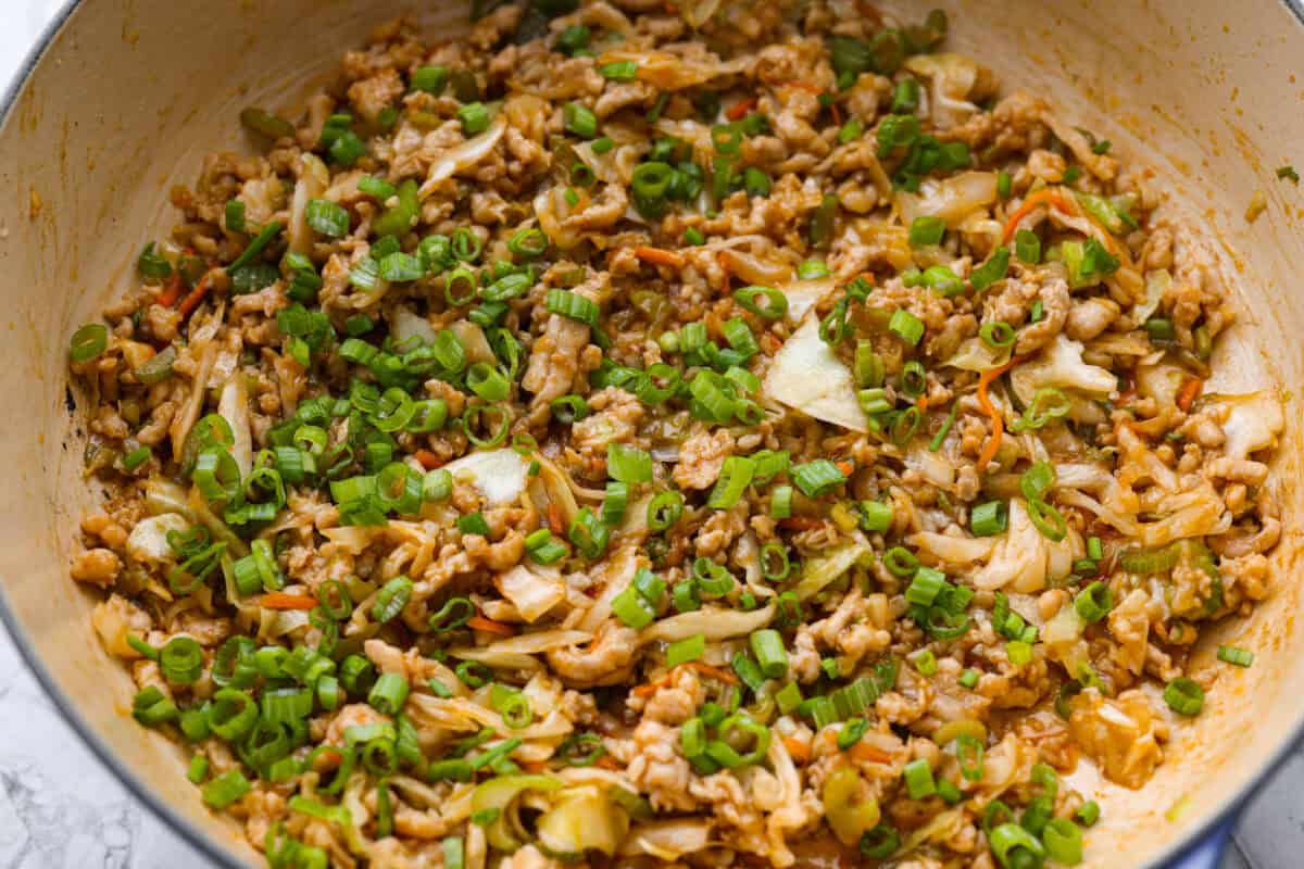Ground chicken, sauces, and green onions added to the coleslaw mix.