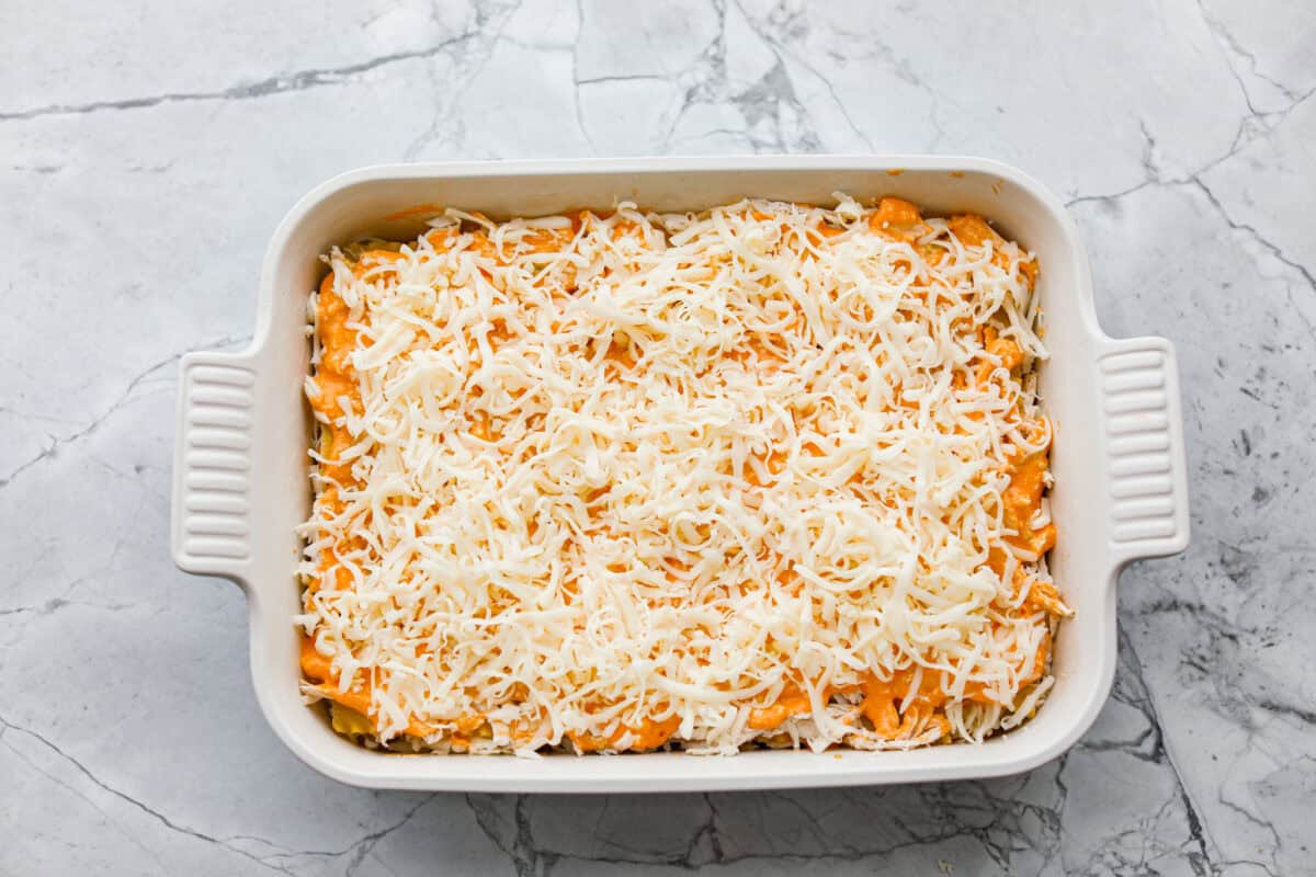 Buffalo chicken lasagna all layered and ready to be cooked, topped with cheese. 