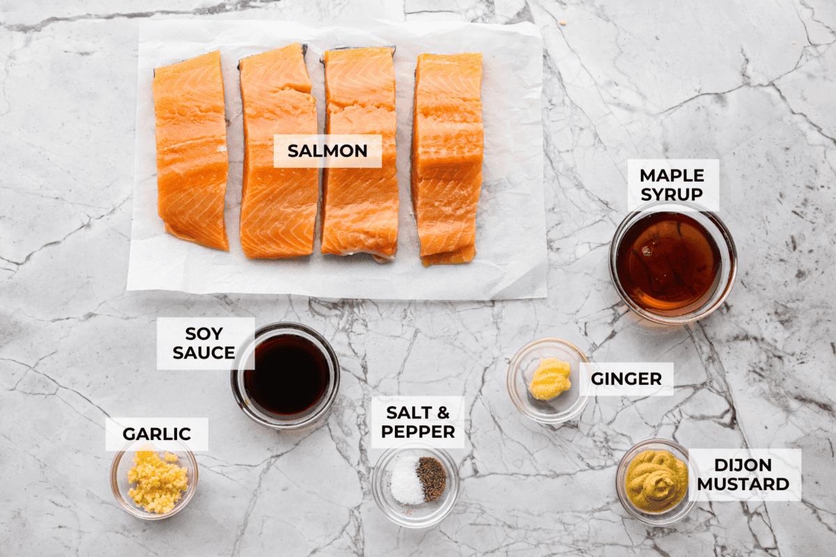 Overhead shot of labeled ingredients. 
