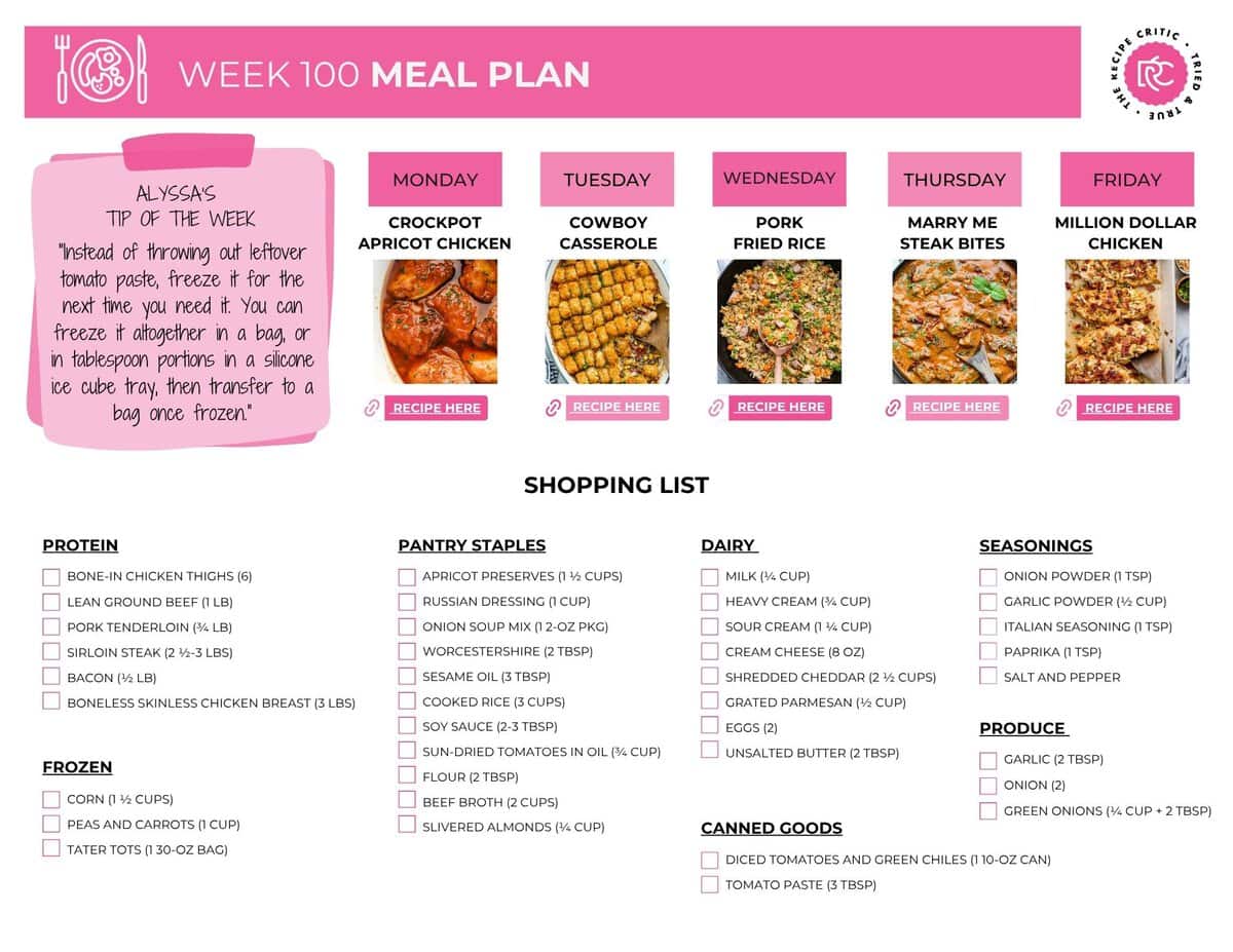 Image of the free printable shopping list for meal plan 100.