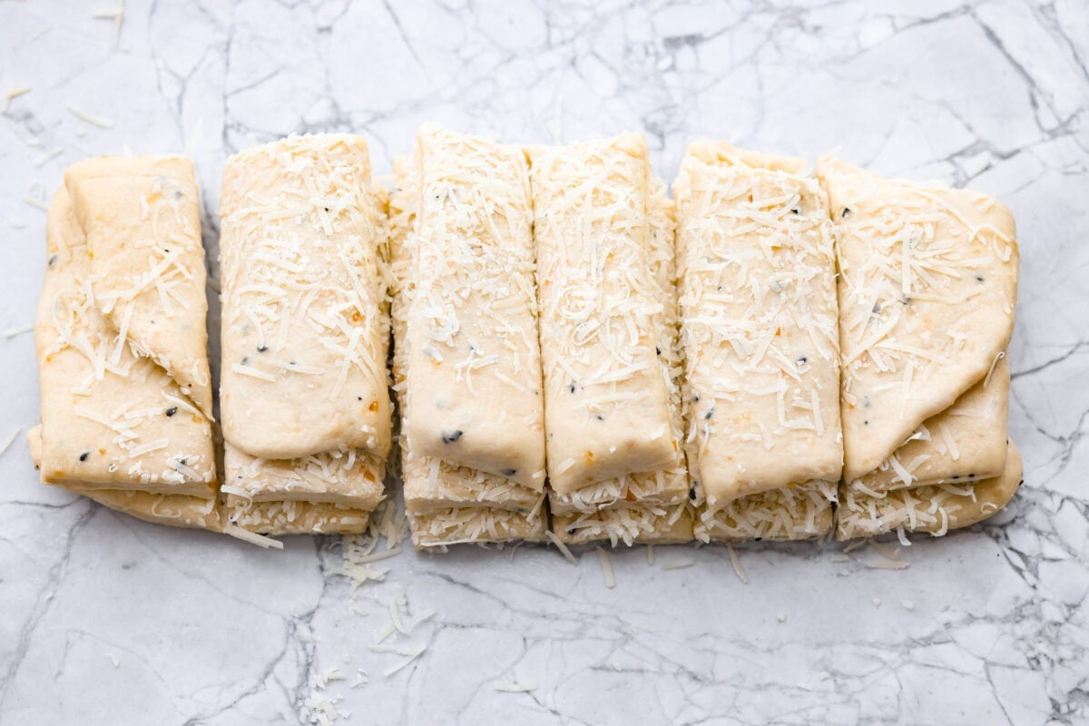 Dough sliced and stacked.