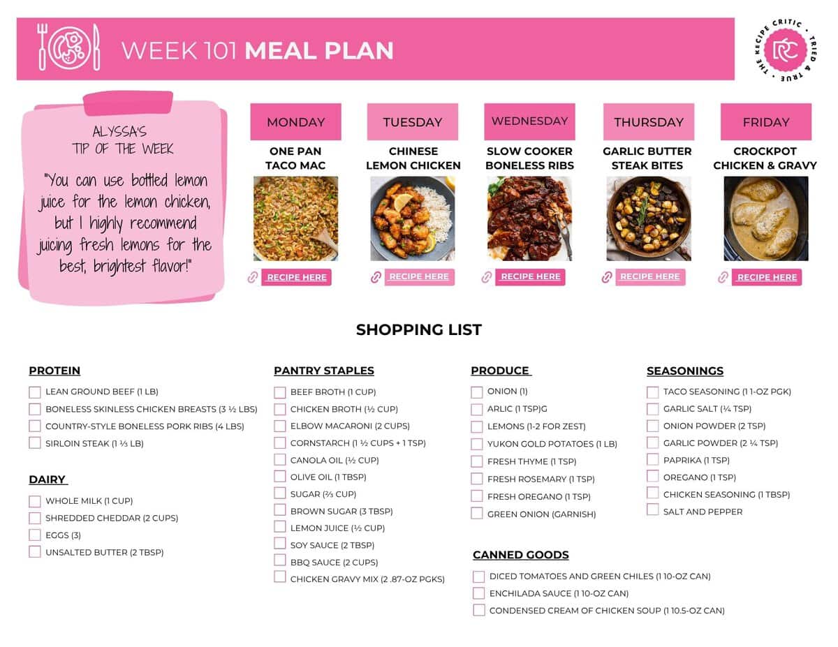 Image of the free printable shopping list that is included in this weekly meal plan. 