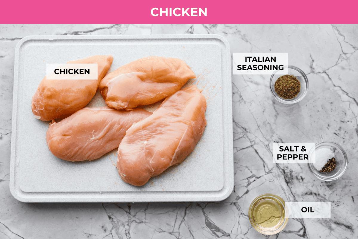 Overhead shot of labeled ingredients. 