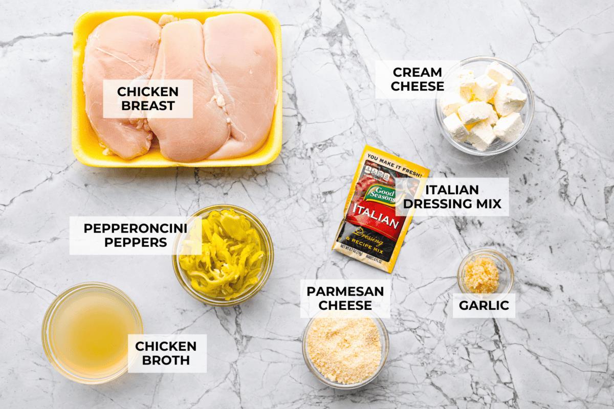 Overhead shot of labeled ingredients. 