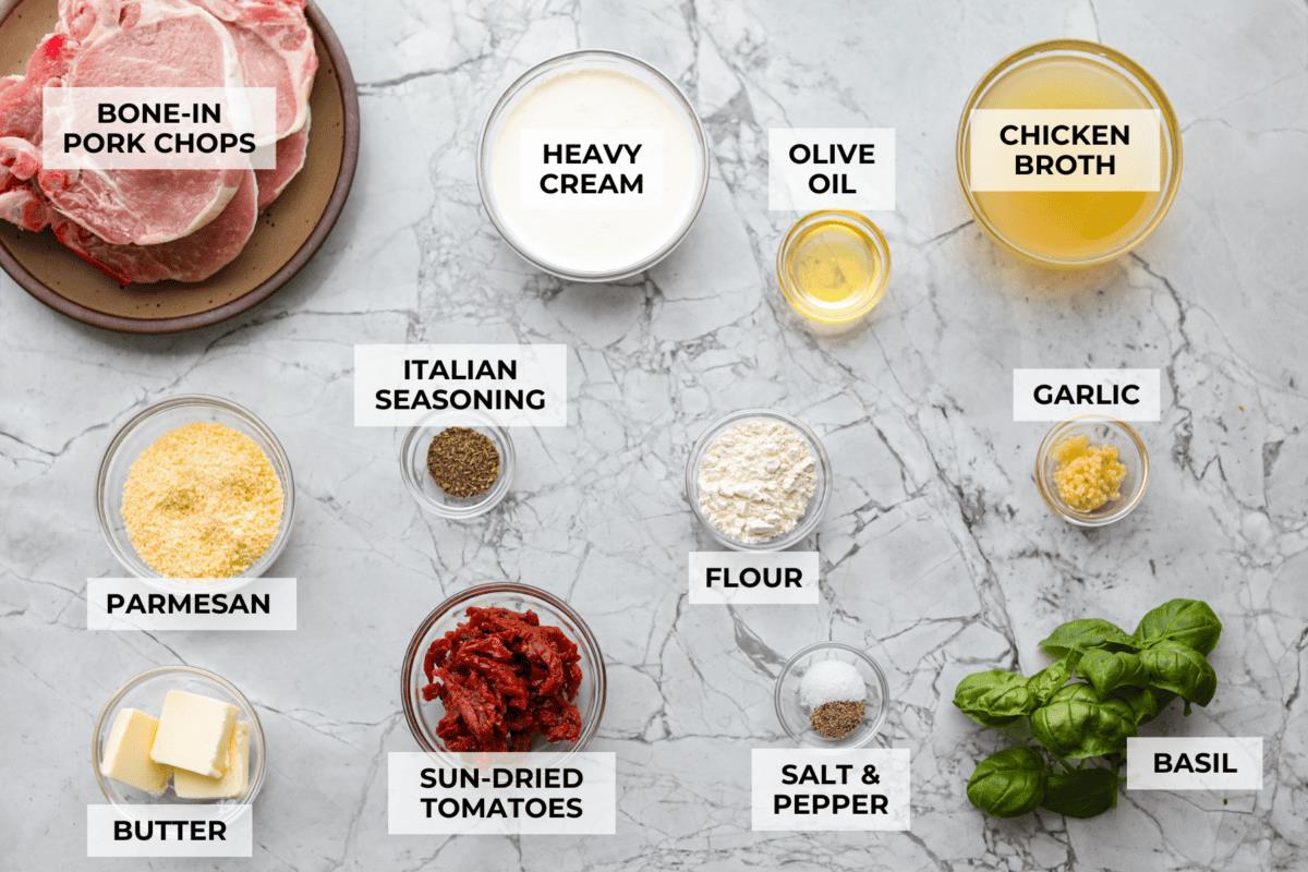 Overhead shot of labeled ingredients. 