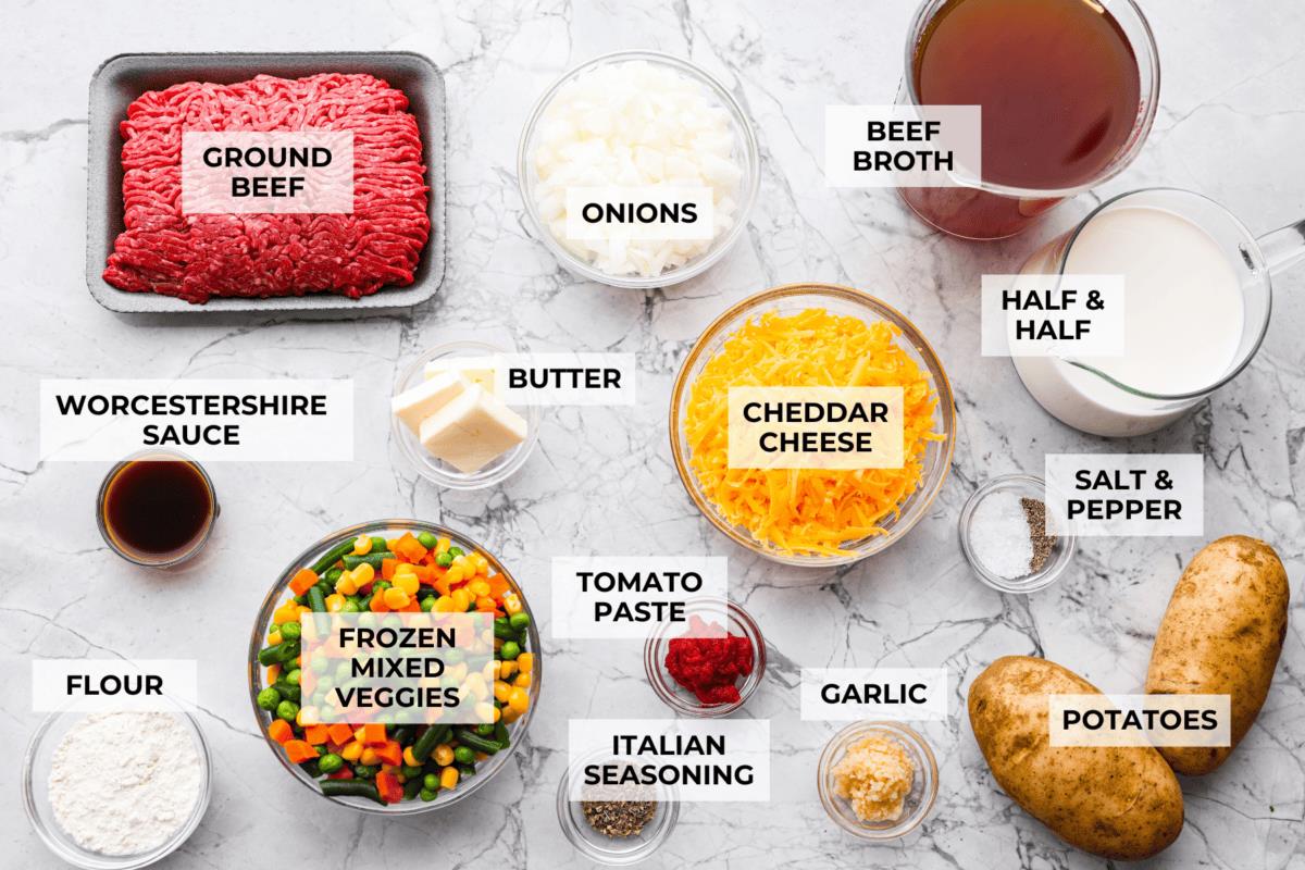 Overhead shot of labeled shepherd's pie soup ingredients. 