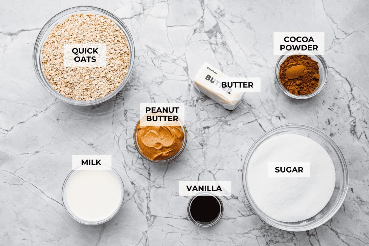 Overhead shot of labeled no bake cookies ingredients. 