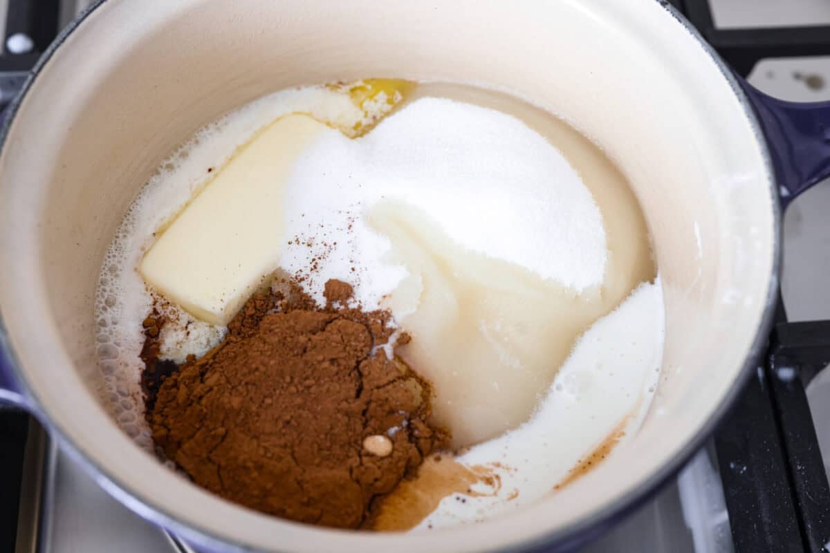 All of the ingredients added to a pot. 