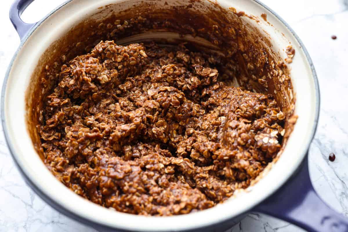 Oats added to the chocolate mixture. 
