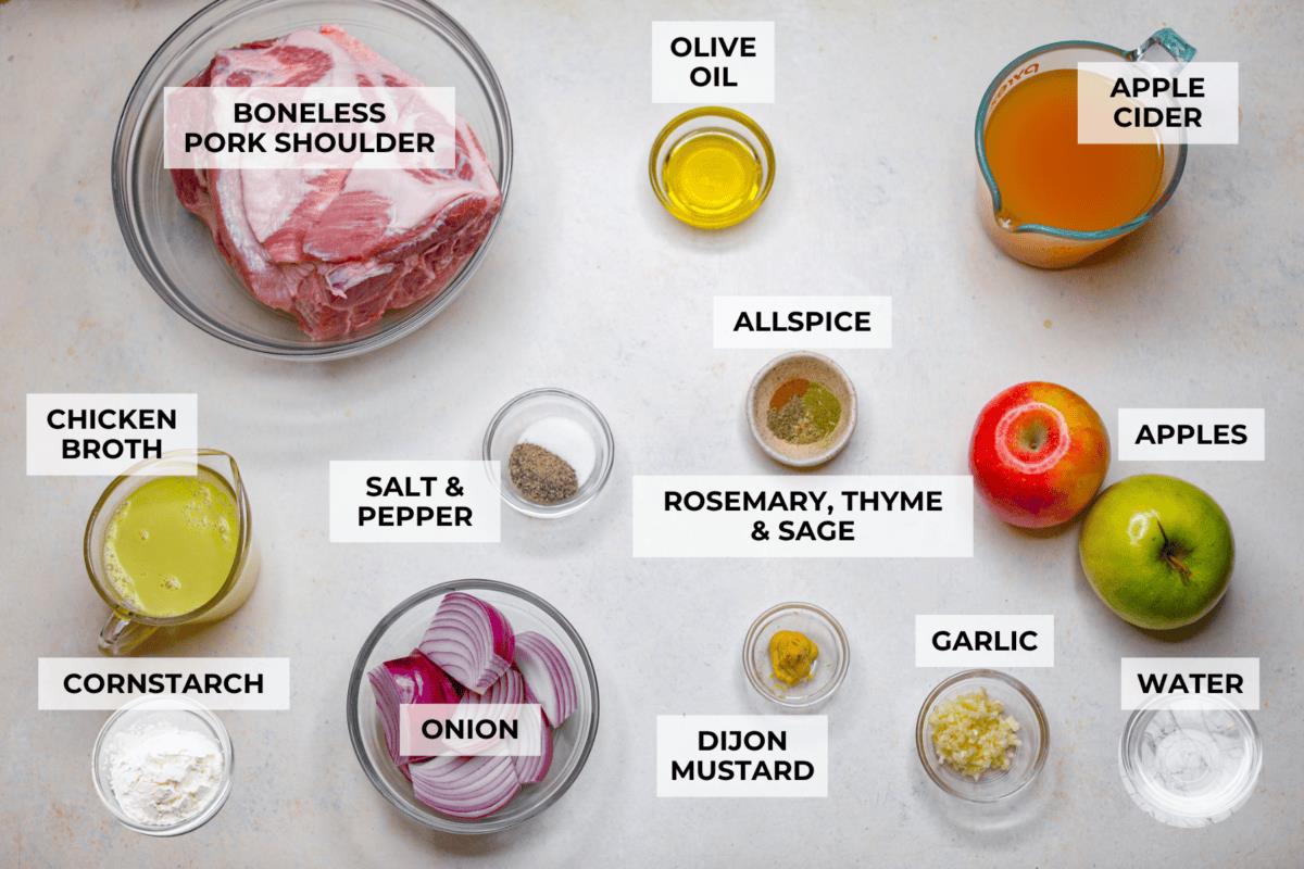 Overhead shot of labeled ingredients. 