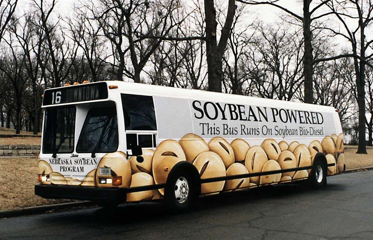 A bus carries a sign reading 'soybean powered.'
