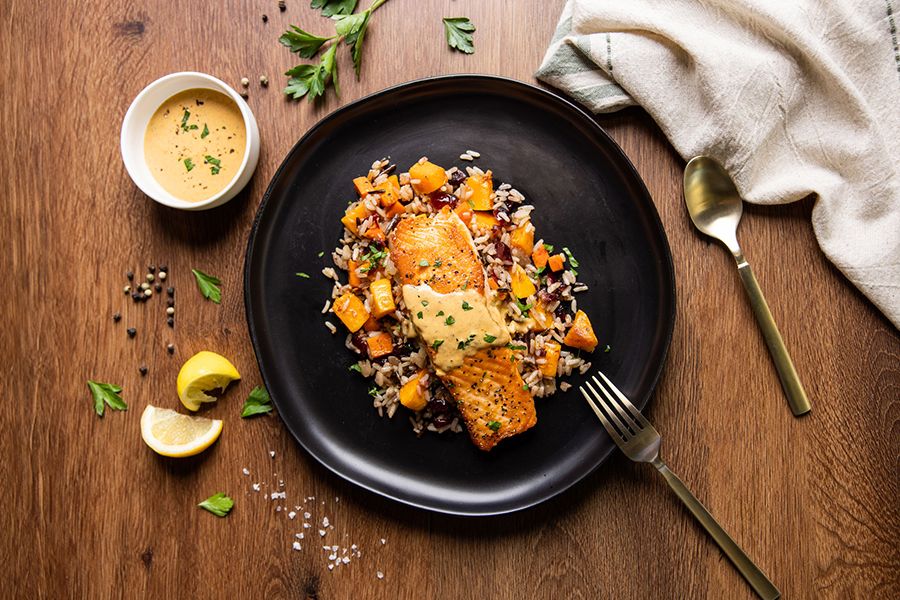 bellagreen Seared Salmon with Pumpkin Sauce bellagreen's Fall Menu Puts Savory Pumpkin on the Plate, All of It Gluten-Free