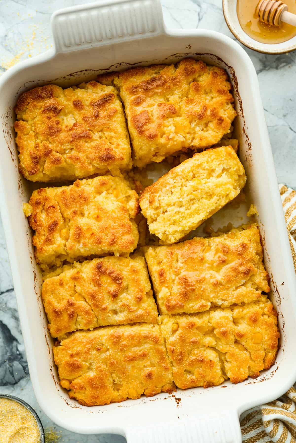 overhead shot of baked butter swim cornbread. 