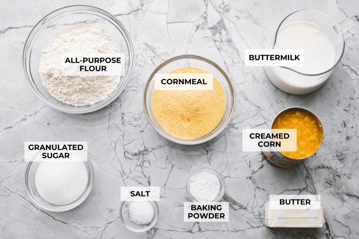 overhead shot of labeled butter sim cornbread ingredients. 