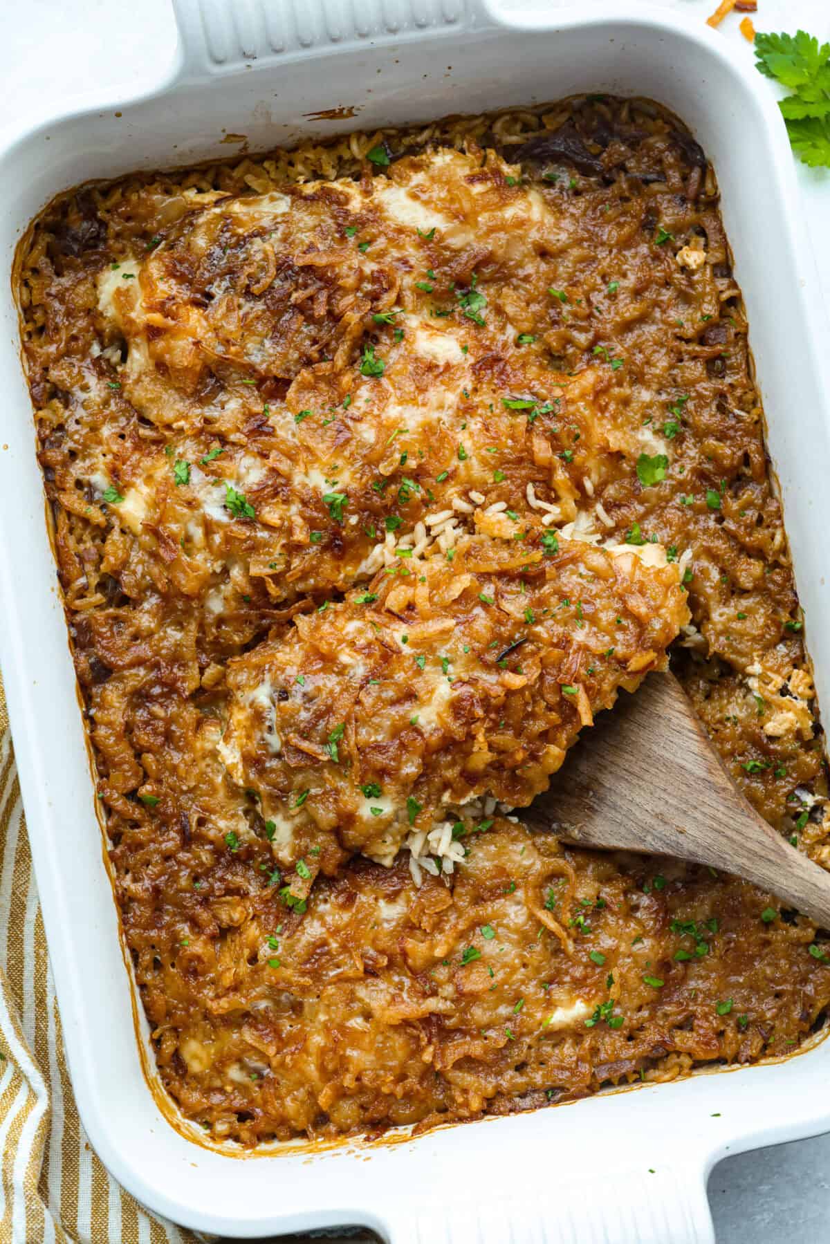 Top down shot of french onion chicken and rice casserole baked and ready to eat. 