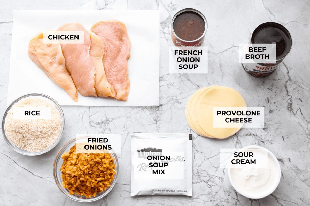 Overhead shot of labeled French onion chicken and rice casserole ingredients. 