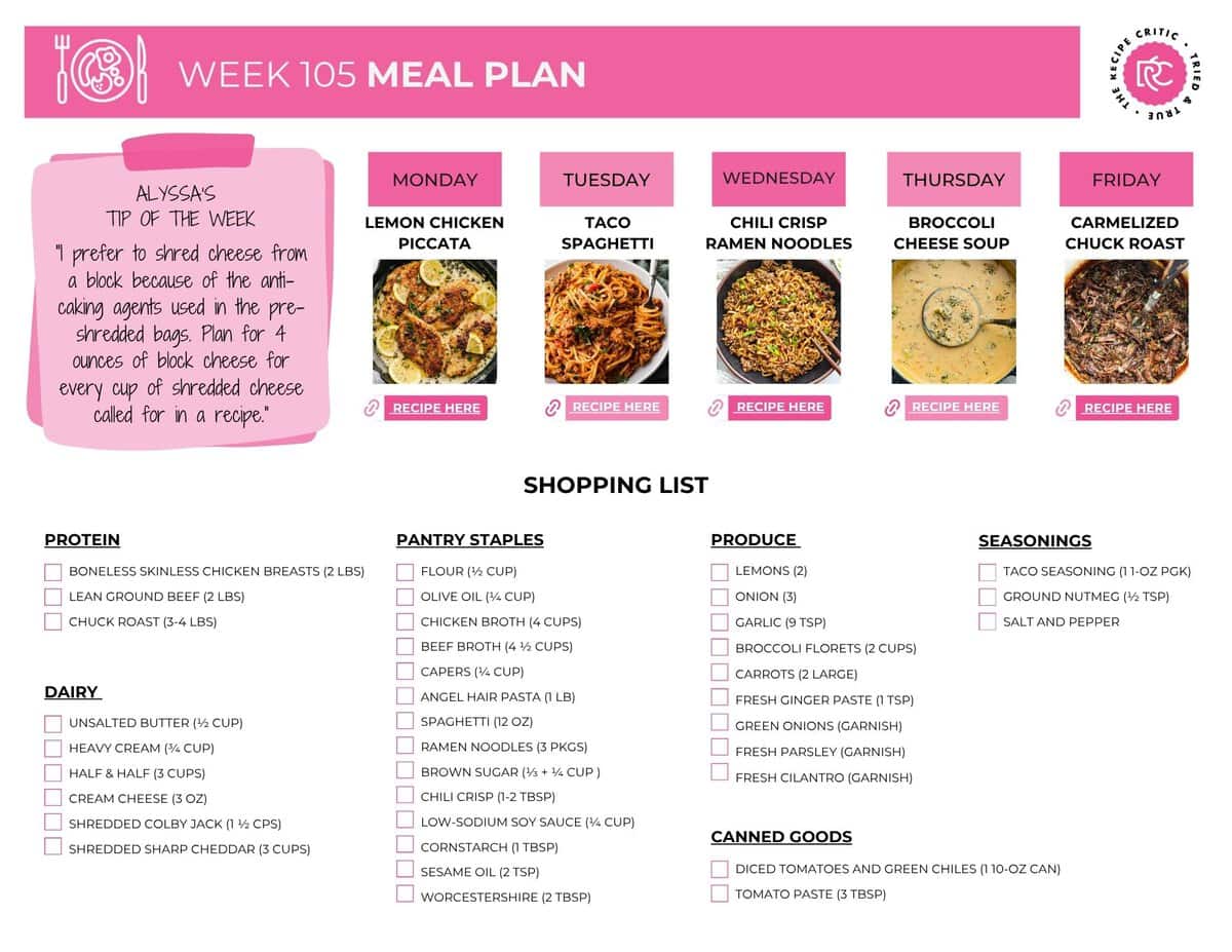 Image of the free printable shopping list from this weekly meal plan. 
