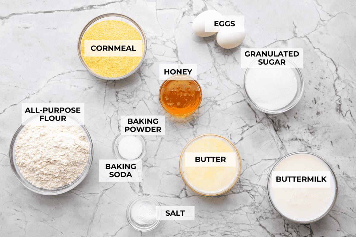 Overhead shot of labeled cornbread loaf ingredients. 