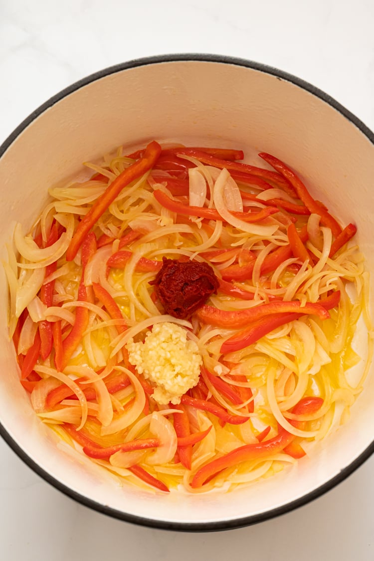 Softened vegetables in Dutch oven.