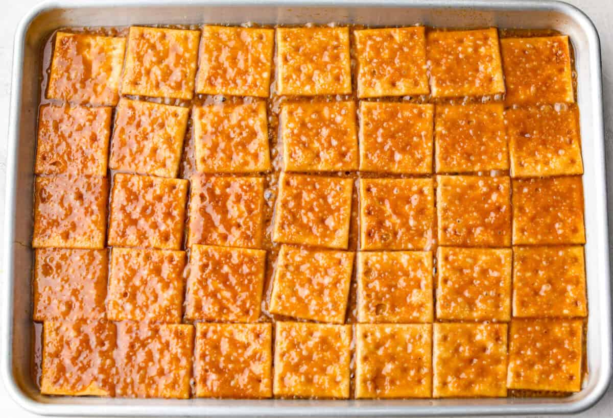 Toffee spread over the saltine crackers. 