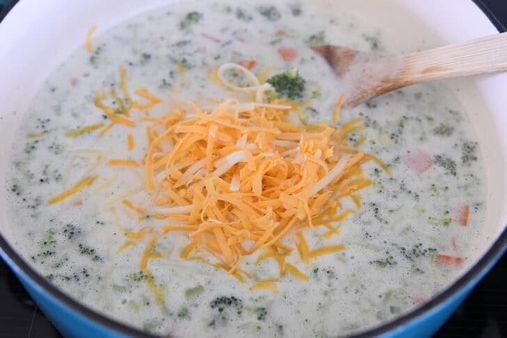 Soup pot with creamy soup, broccoli, carrots, cheese, and chicken.