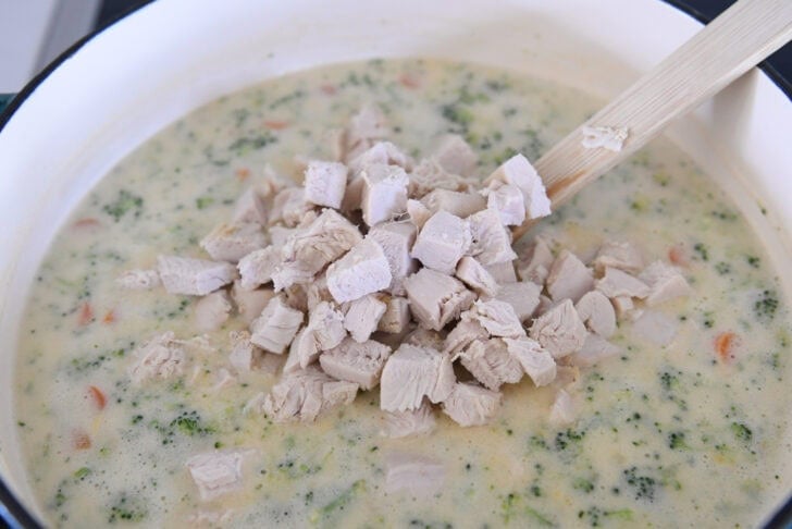 Soup pot with creamy soup, broccoli, carrots, and chicken.
