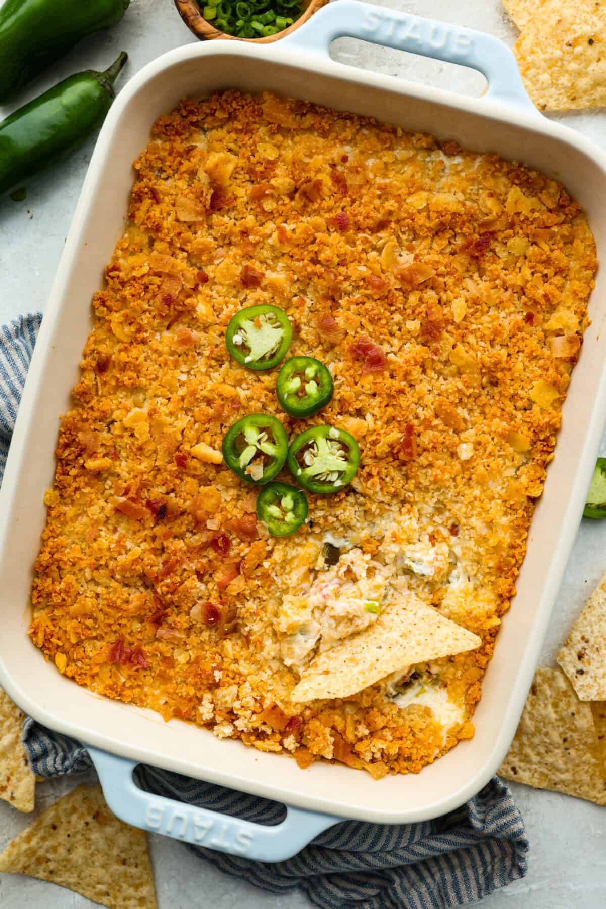 Overhead shot of the baked jalapeño popper dip.