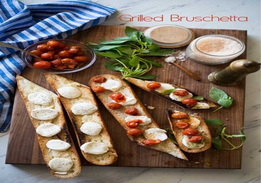 Grilled Bruschetta with Mozzarella, Tomatoes, Basil