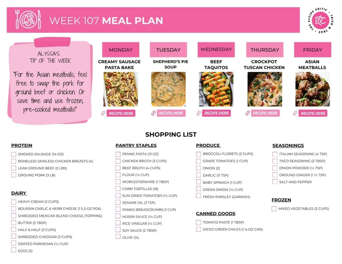 Image of the free printable shopping list for this weekly meal plan. 