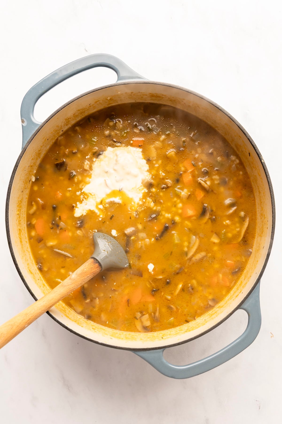 sour cream/soup mixture added to soup in Dutch oven