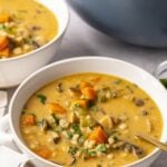 Bowls of mushroom barley soup.