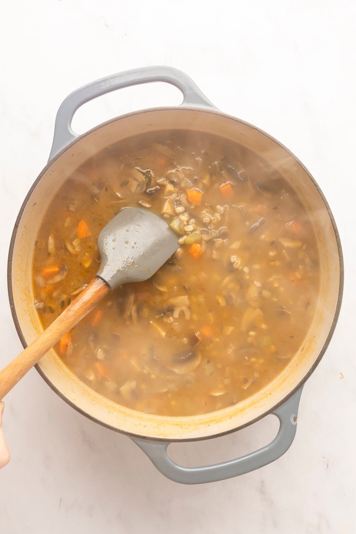 simmering mushroom barley soup 