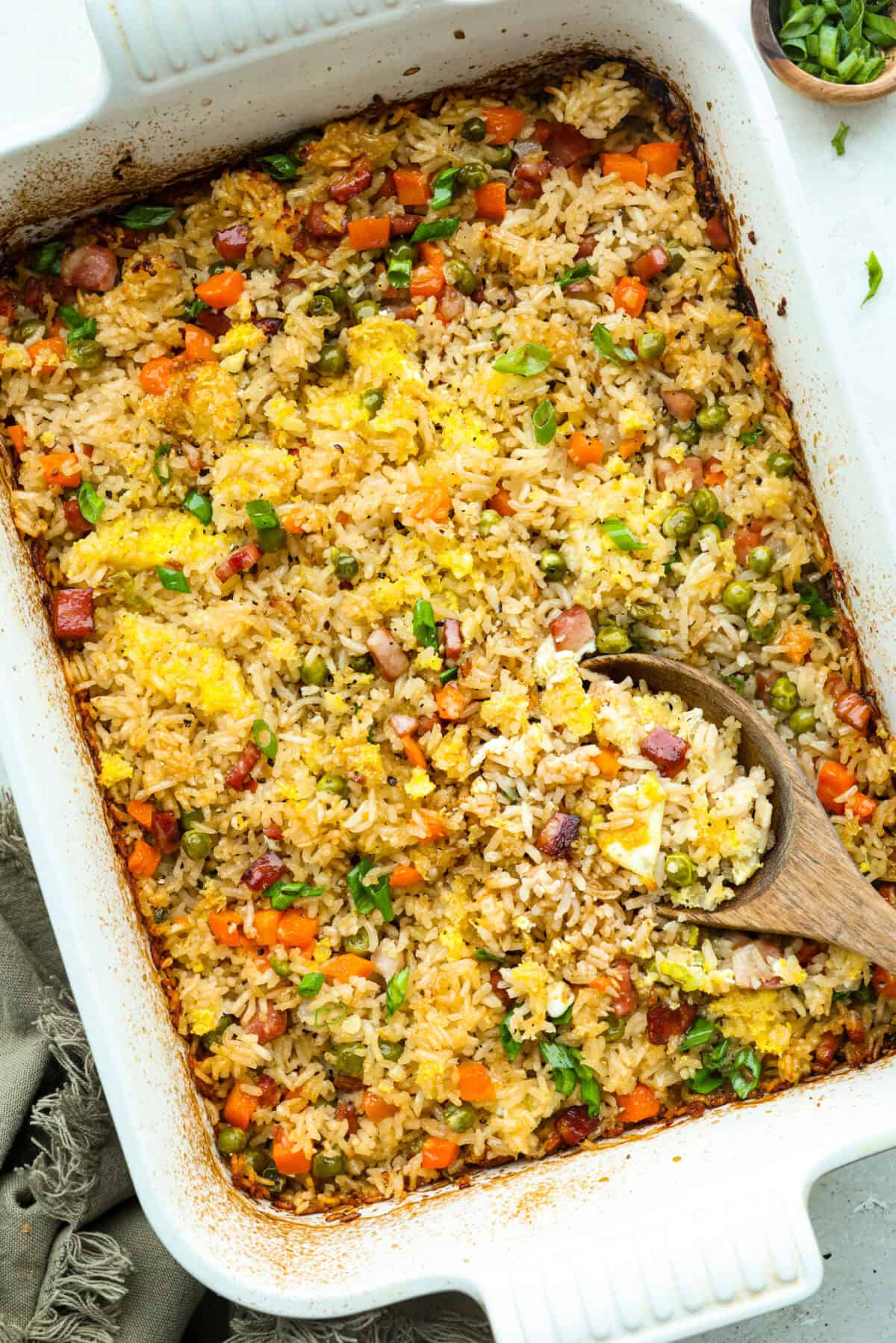 Top down shot of baked fried rice out of the oven!