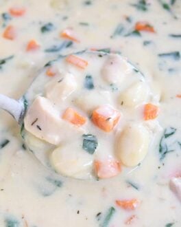 ladle scooping out portion of creamy chicken gnocchi soup in blue pot