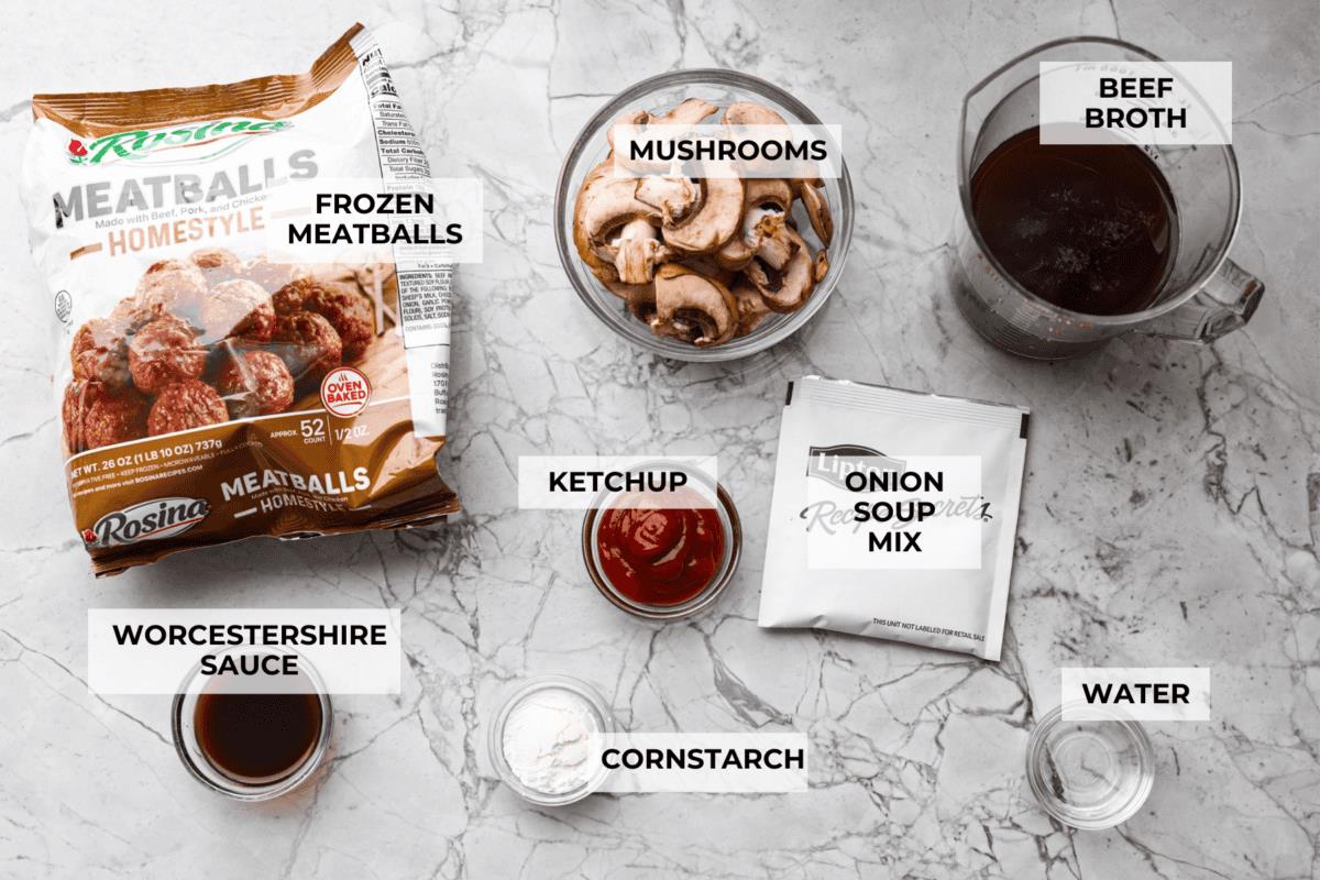 Overhead shot of labeled salisbury steak meatballs ingredients. 