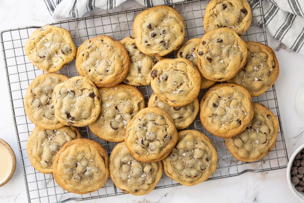 Tahini chocolate chip cookies cooling on rack.