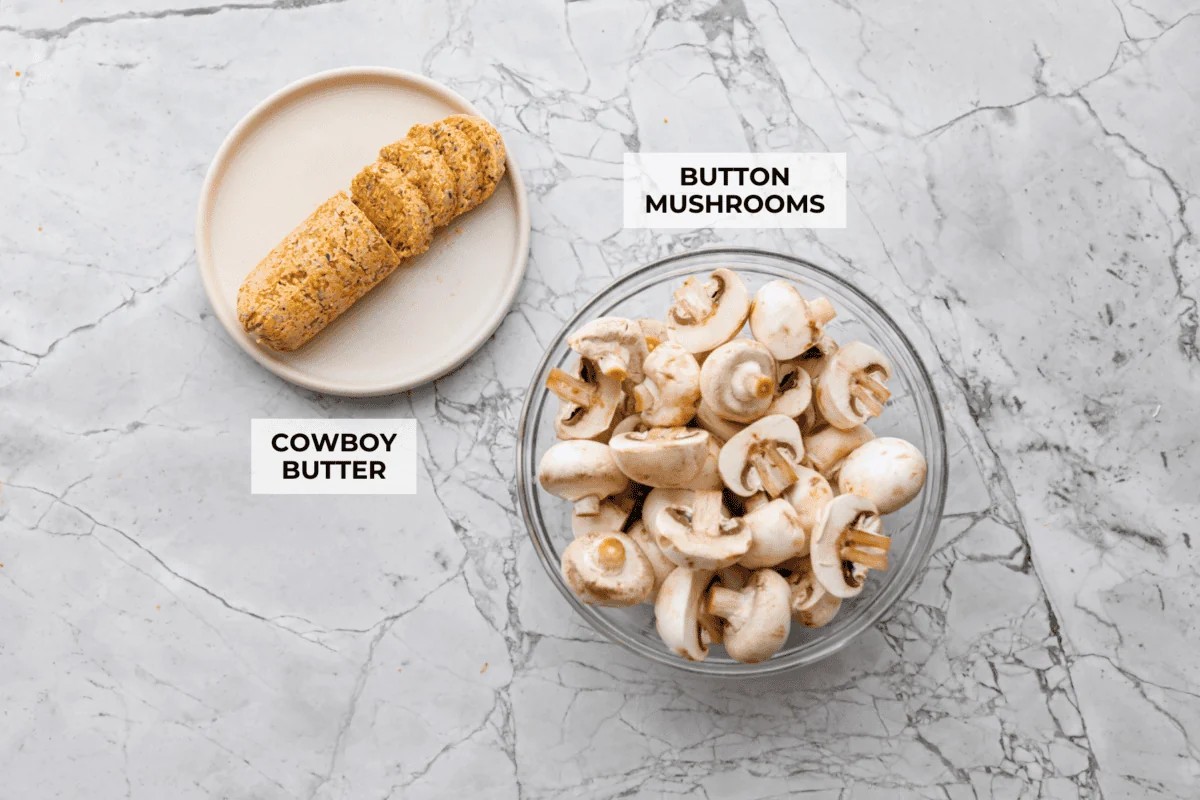 Overhead shot of labeled ingredients. 