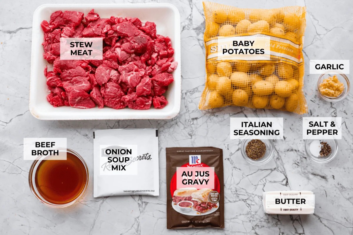 Overhead shot of labeled slow cooker steak and potatoes ingredients. 